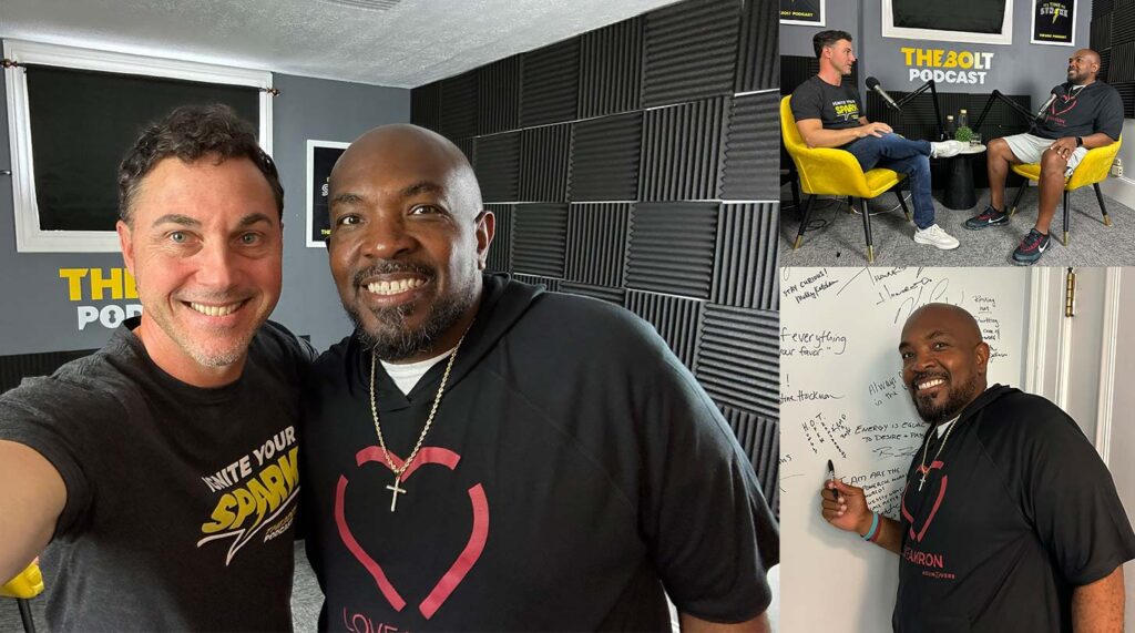 Kemp Boyd and Todd in The Bolt Podcast studio recording an episode